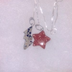 Boho Hippie Dalmatian Jasper Lightning Bolt & Goldstone Star Silver 16” Necklace